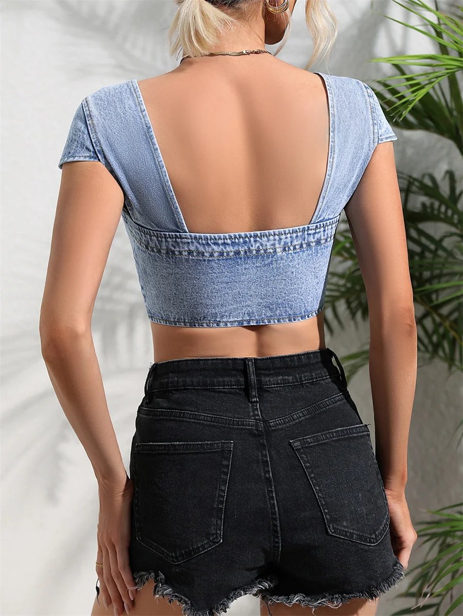 Benuynffy Women's Clothing Low-cut Sexy Denim Top Square Neck Button Front Crop Blouse Women Streetwear Backless Jean Blouses