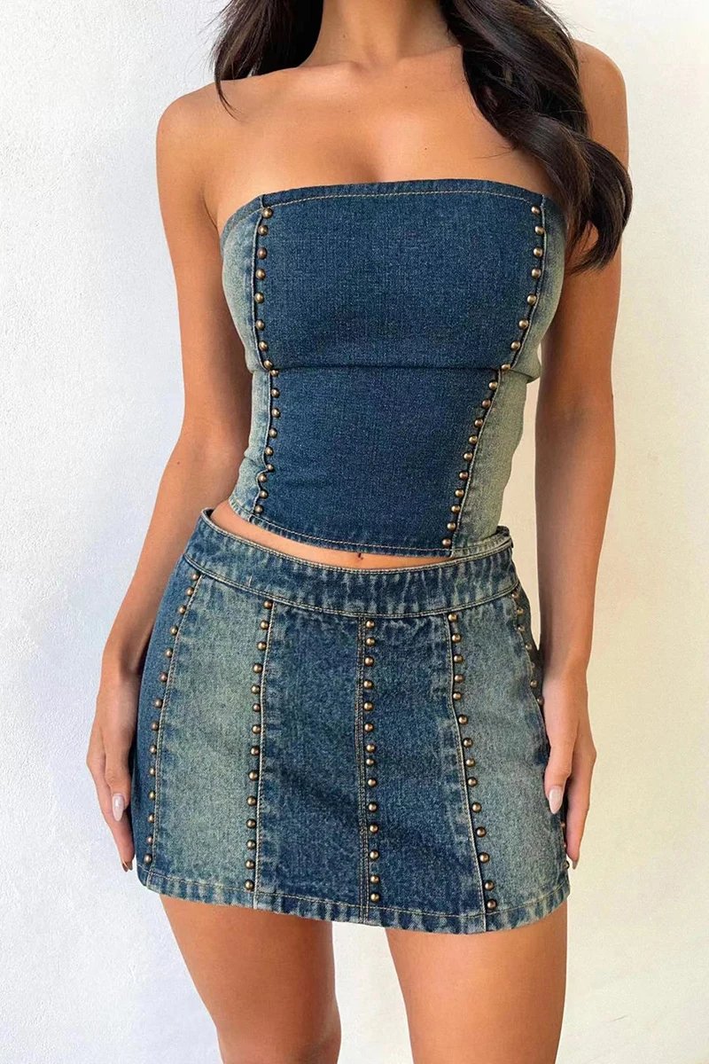 BIIKPIIK Women Streetwear Rivet Two Piece Sets Zipper Off Shoulder TanKS Top + HIgh Waist Fashion Skirts Suits Clubwear Outfits