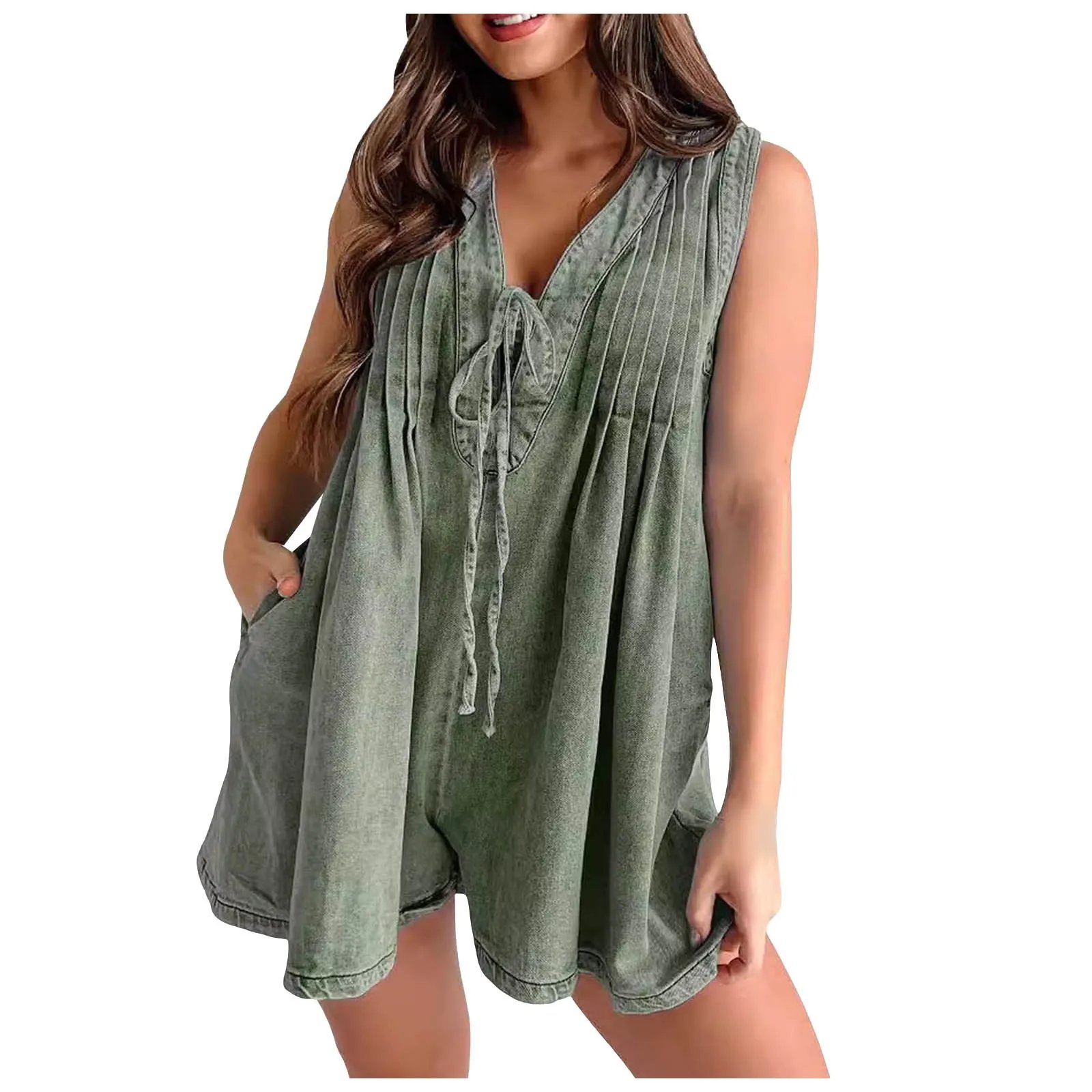 Womens Casual Sleeveless Tie Front Denim Romper Overall Shorts Summer Jean Romper With Pocket Bodysuit Playsuit Clubwear