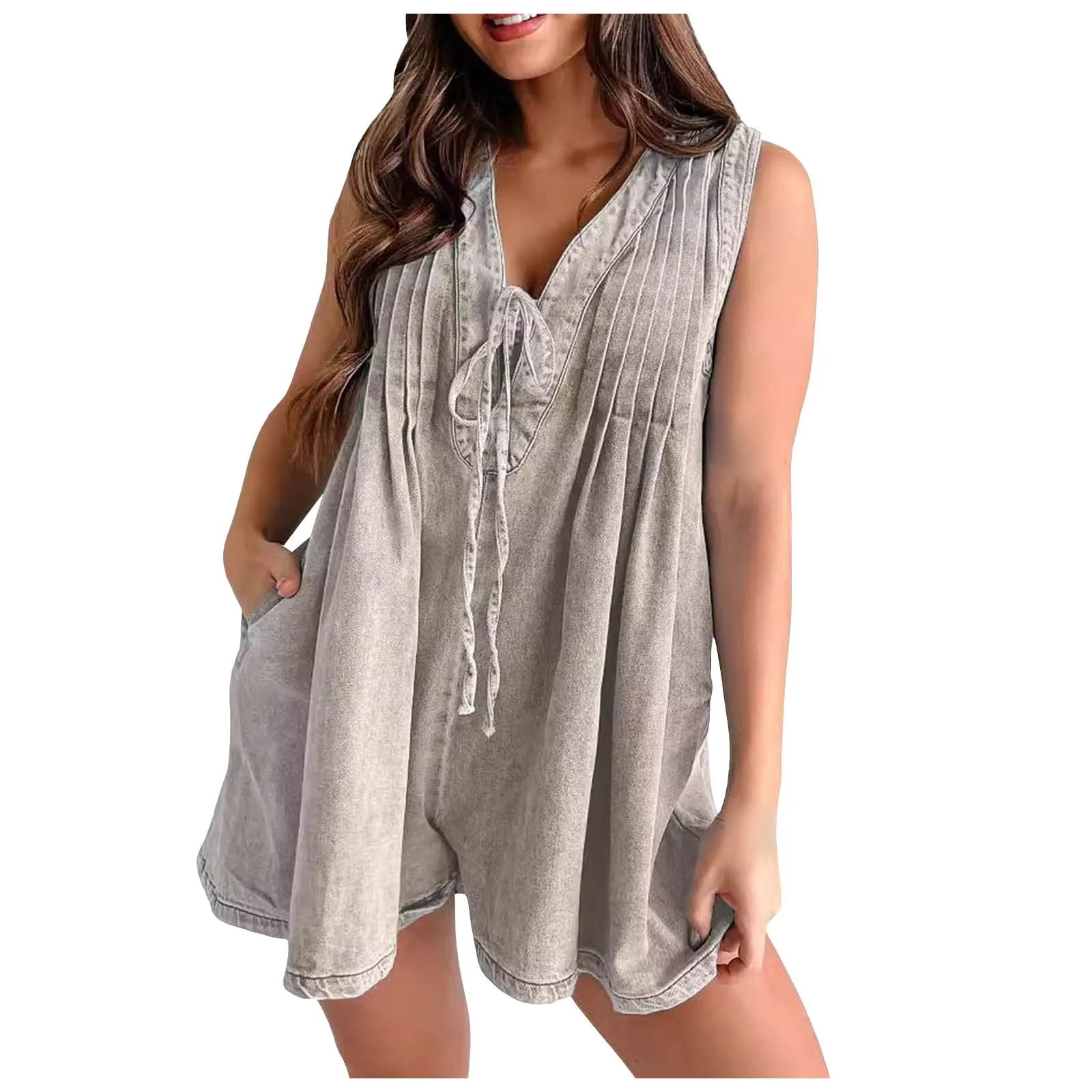 Womens Casual Sleeveless Tie Front Denim Romper Overall Shorts Summer Jean Romper With Pocket Bodysuit Playsuit Clubwear