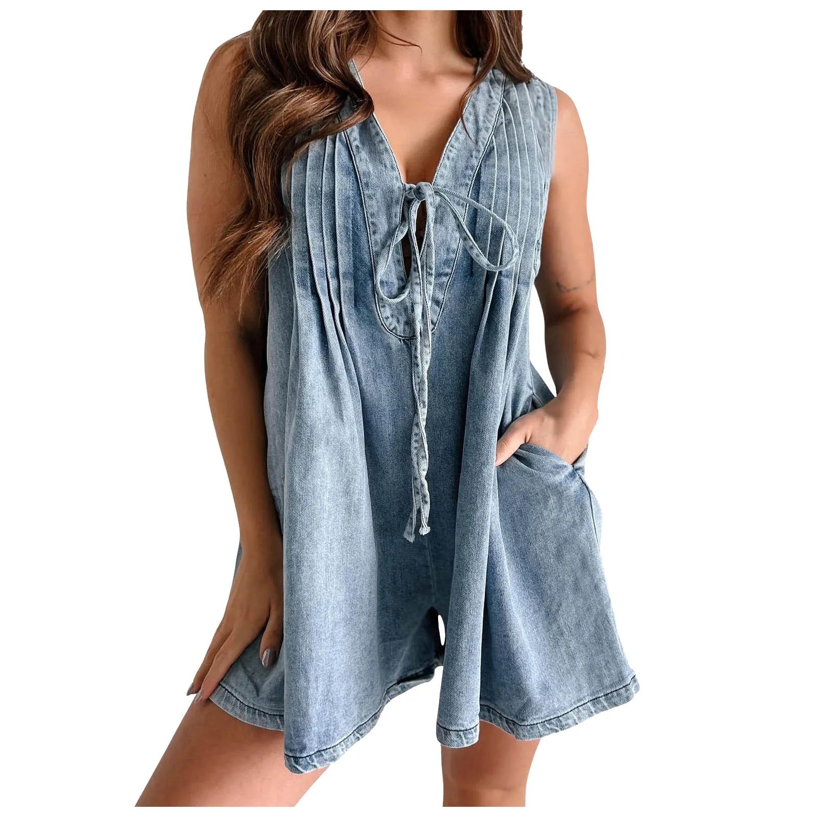 Womens Casual Sleeveless Tie Front Denim Romper Overall Shorts Summer Jean Romper With Pocket Bodysuit Playsuit Clubwear