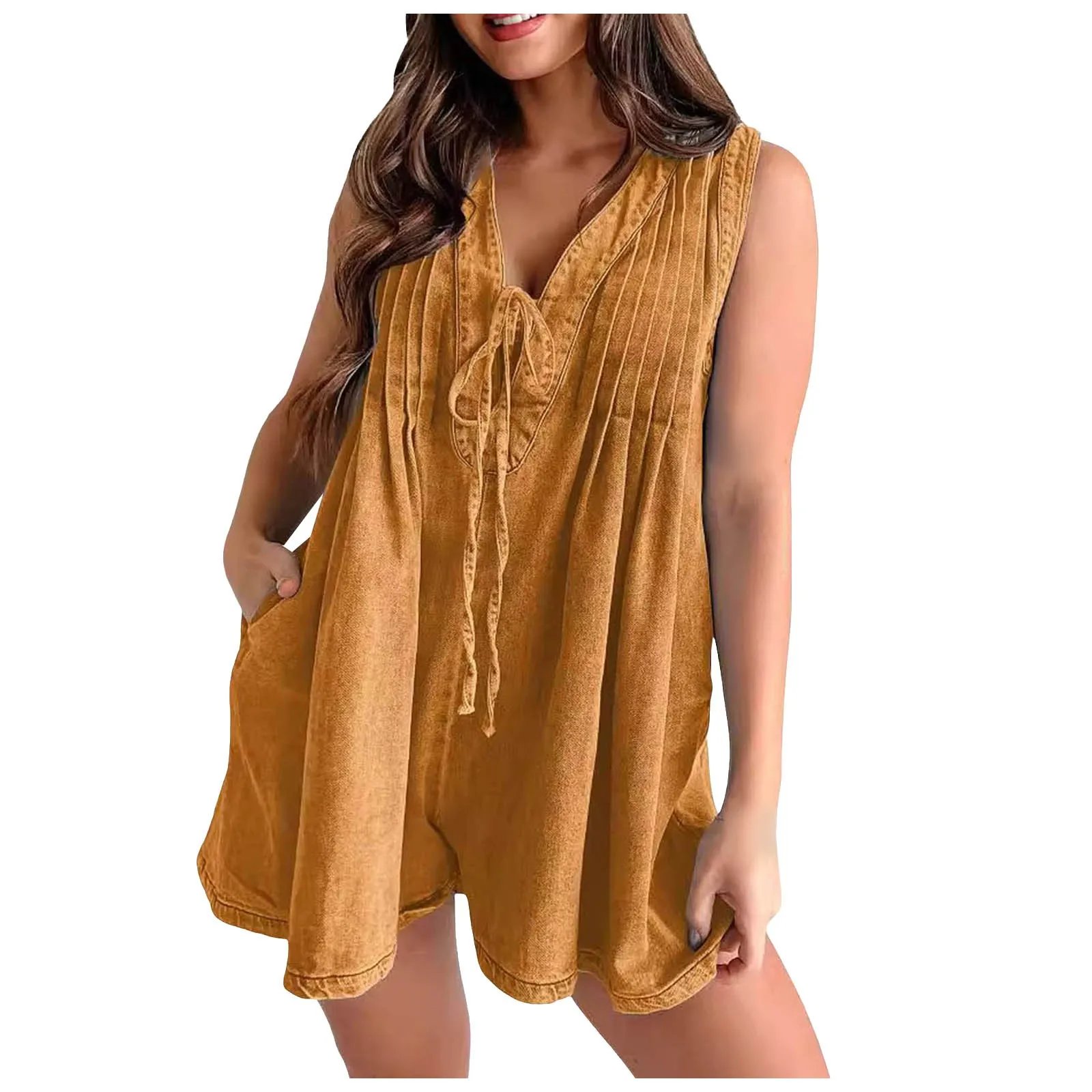 Womens Casual Sleeveless Tie Front Denim Romper Overall Shorts Summer Jean Romper With Pocket Bodysuit Playsuit Clubwear