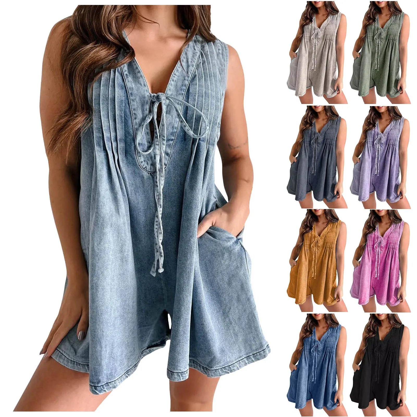 Womens Casual Sleeveless Tie Front Denim Romper Overall Shorts Summer Jean Romper With Pocket Bodysuit Playsuit Clubwear