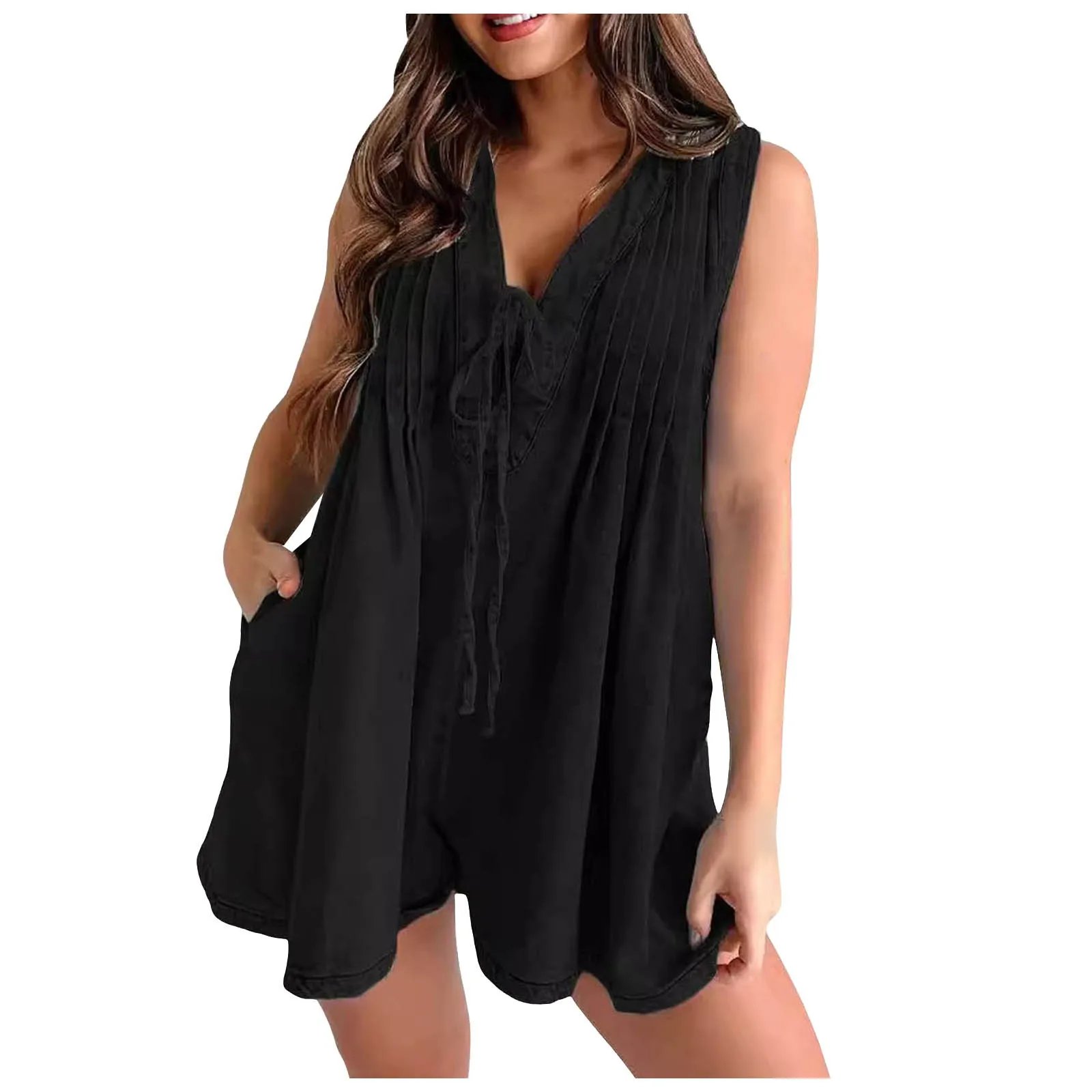 Womens Casual Sleeveless Tie Front Denim Romper Overall Shorts Summer Jean Romper With Pocket Bodysuit Playsuit Clubwear