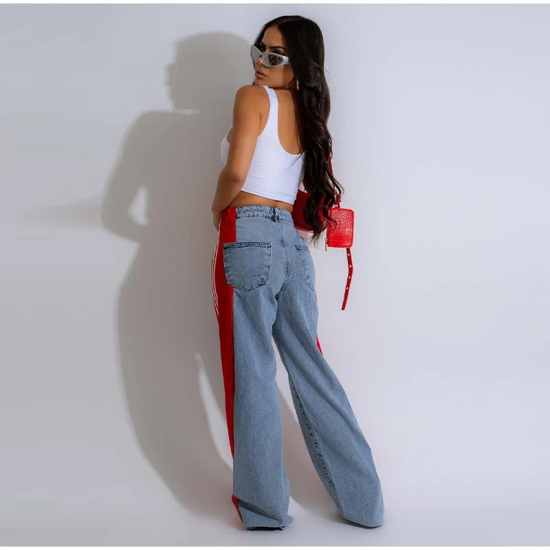 Splicing Three Stripe Wide Leg Denim Pants Women Casual High Waisted Elastic Straight Leg Pants Color Block Straight Trouser 