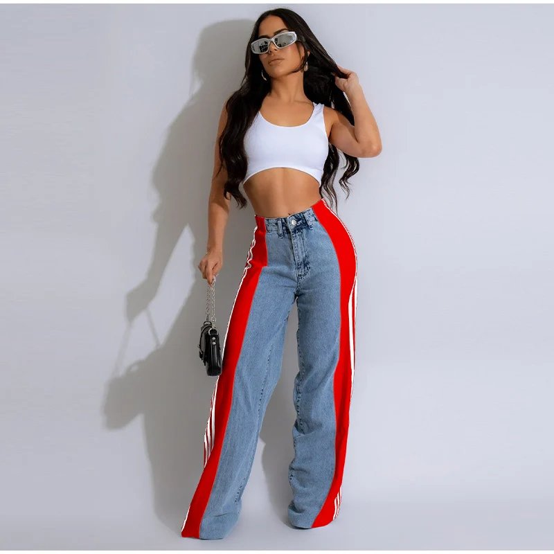 Splicing Three Stripe Wide Leg Denim Pants Women Casual High Waisted Elastic Straight Leg Pants Color Block Straight Trouser 