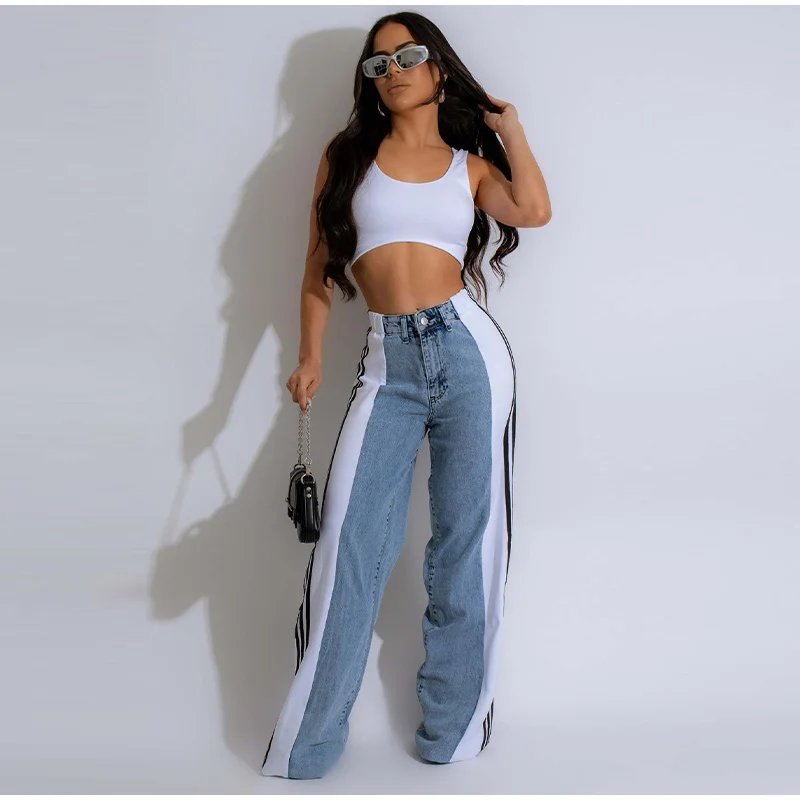 Splicing Three Stripe Wide Leg Denim Pants Women Casual High Waisted Elastic Straight Leg Pants Color Block Straight Trouser 