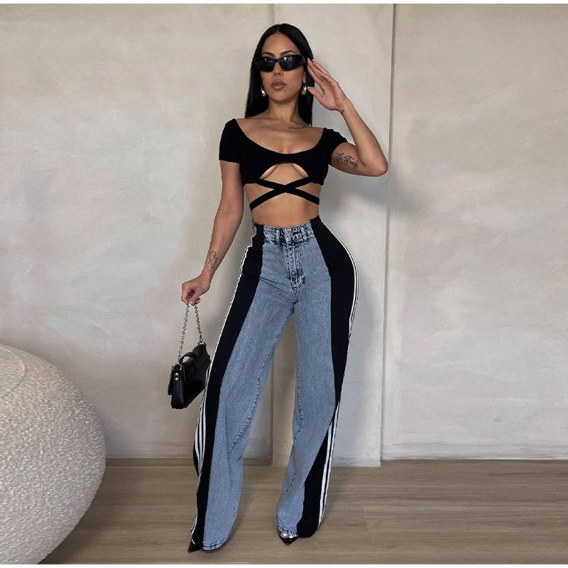 Splicing Three Stripe Wide Leg Denim Pants Women Casual High Waisted Elastic Straight Leg Pants Color Block Straight Trouser 