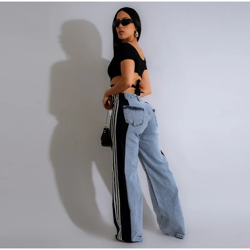 Splicing Three Stripe Wide Leg Denim Pants Women Casual High Waisted Elastic Straight Leg Pants Color Block Straight Trouser 