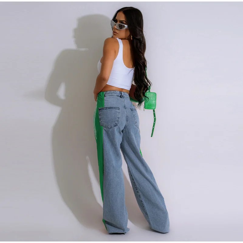 Splicing Three Stripe Wide Leg Denim Pants Women Casual High Waisted Elastic Straight Leg Pants Color Block Straight Trouser 