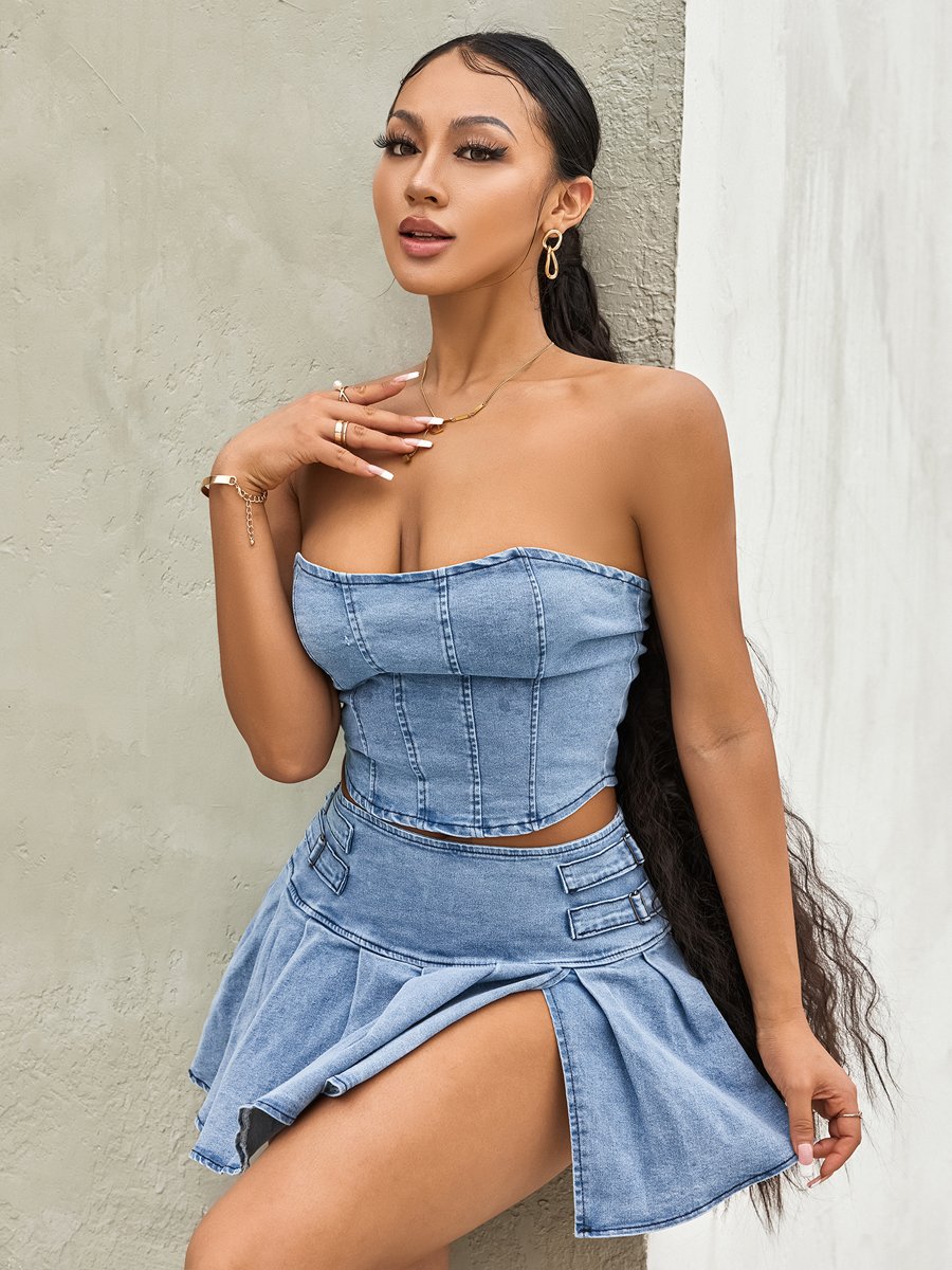 Women's Summer 2PCS Outfit Sets Solid Color Sleeveless Off Shoulder Zipper Bandeau + Pleated Denim Skirt