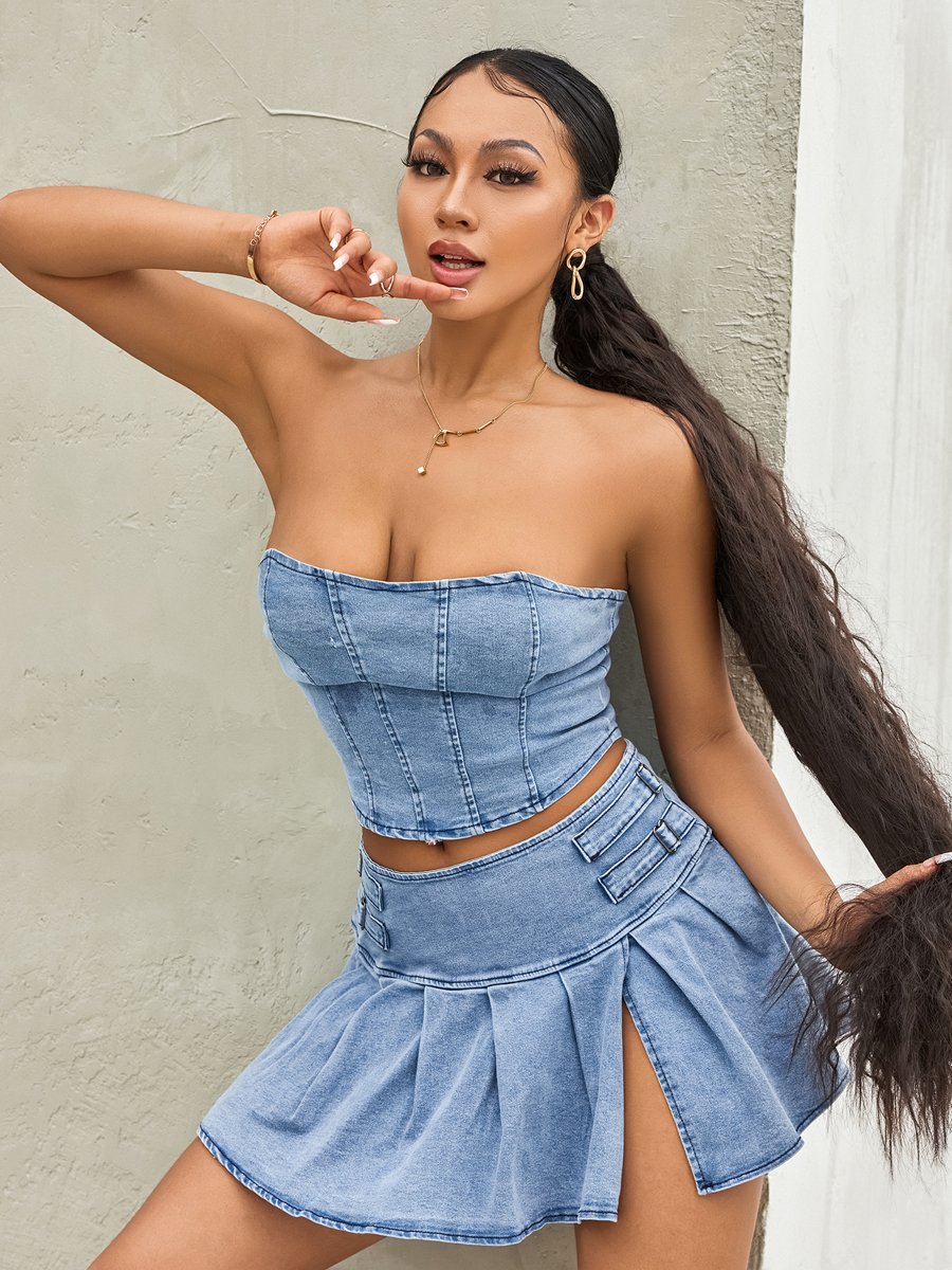 Women's Summer 2PCS Outfit Sets Solid Color Sleeveless Off Shoulder Zipper Bandeau + Pleated Denim Skirt