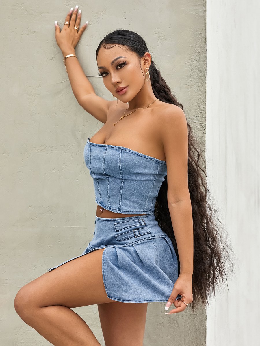 Women's Summer 2PCS Outfit Sets Solid Color Sleeveless Off Shoulder Zipper Bandeau + Pleated Denim Skirt