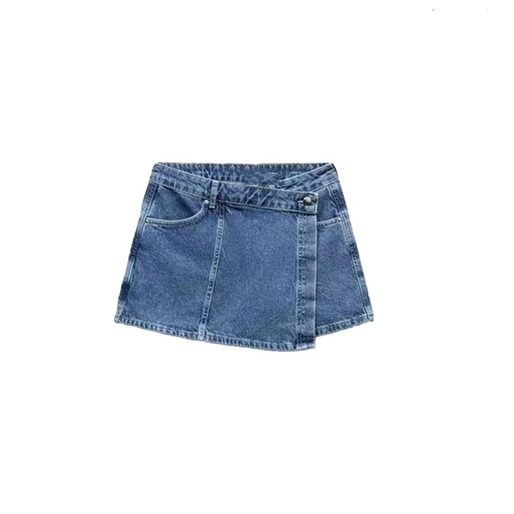 TRAF Women's Pocket Decoration Loose Denim Suit Casual Lapel Short Shirt Asymmetric Skirt Commuter Versatile Two Piece Set