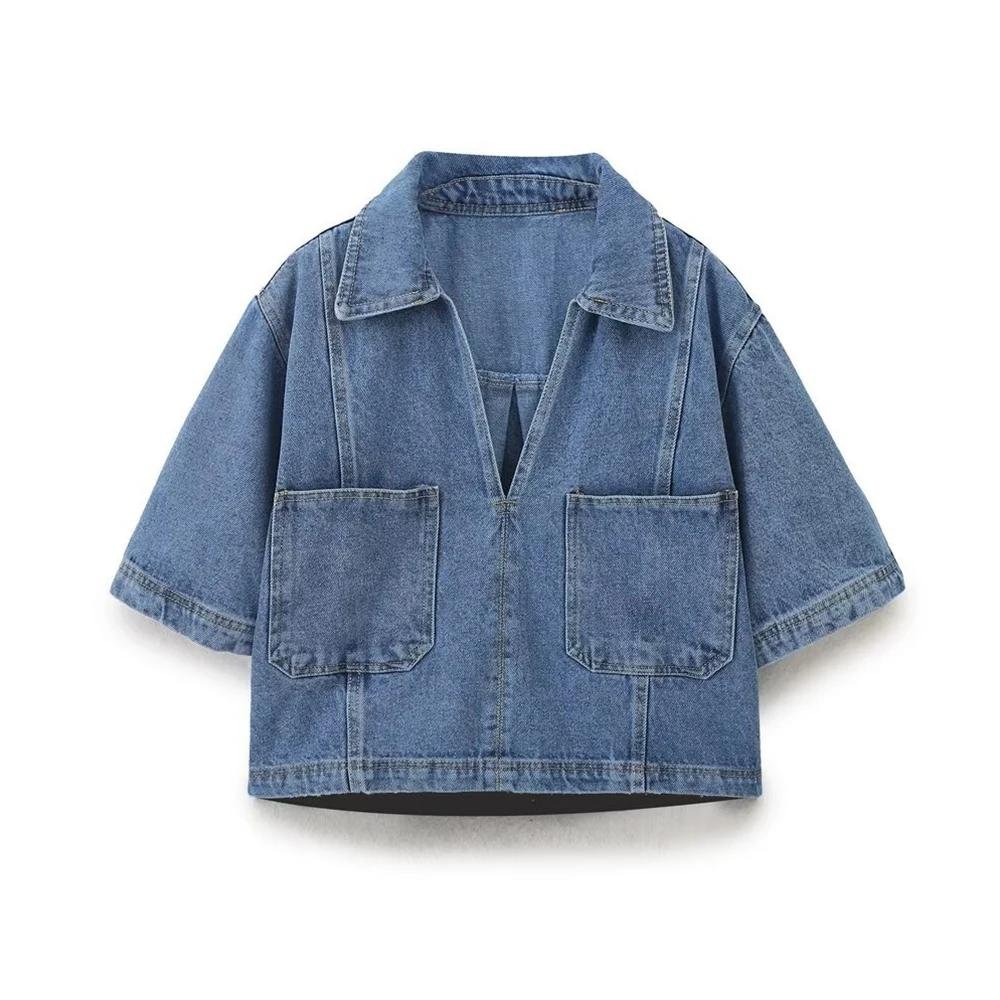 TRAF Women's Pocket Decoration Loose Denim Suit Casual Lapel Short Shirt Asymmetric Skirt Commuter Versatile Two Piece Set