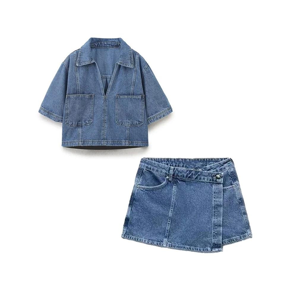 TRAF Women's Pocket Decoration Loose Denim Suit Casual Lapel Short Shirt Asymmetric Skirt Commuter Versatile Two Piece Set