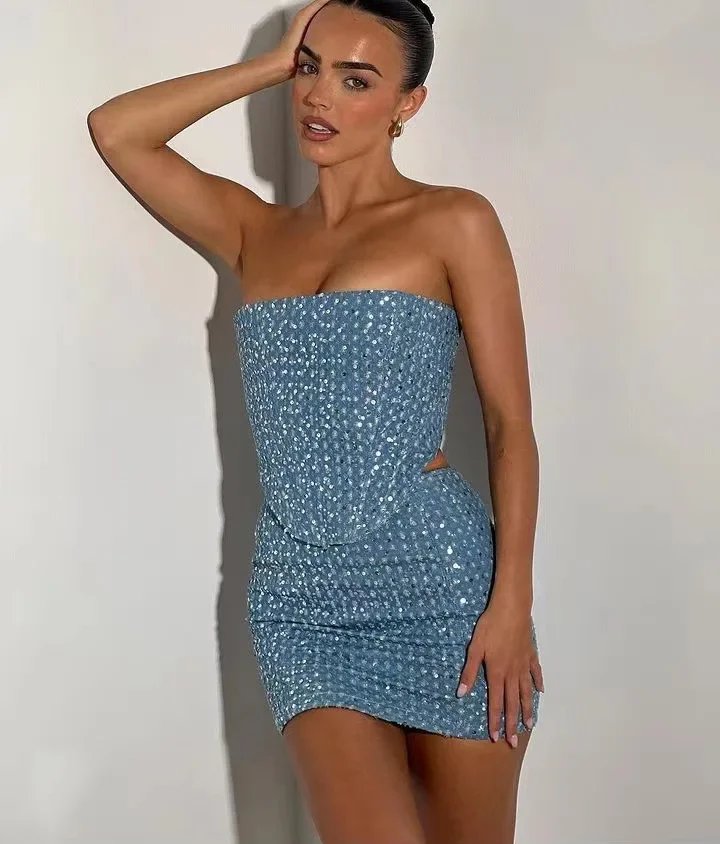 Denim Sequins Dress Sets Sexy Strapless Sleeveless Cropped Tops and Mini Skirts Suits Summer Fashion Holes Two Piece Sets 2024