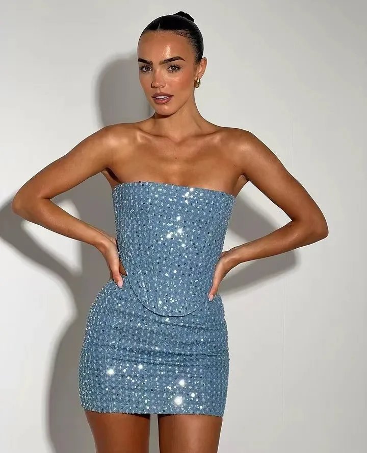 Denim Sequins Dress Sets Sexy Strapless Sleeveless Cropped Tops and Mini Skirts Suits Summer Fashion Holes Two Piece Sets 2024