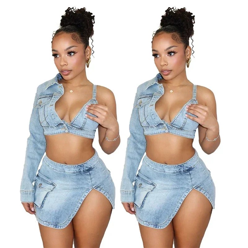 Sexy Club Party Denim Two Piece Set for Women Y2K Clothes Asymmetric One Sleeve Crop Top and Mini Skirt Matching Sets Outfits