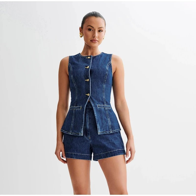 Denim Fake Pocket Women Short Suits Sleeveless Single Breasted Vest Zipped Mini Shorts 2024 Summer New Chic Lady 2 Pieces Sets