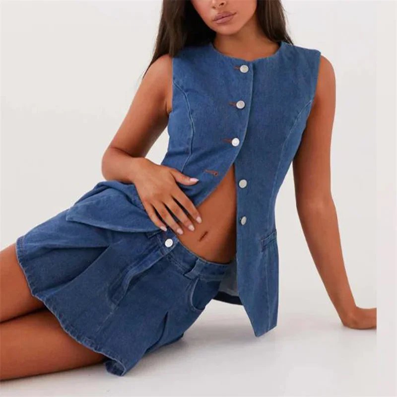 Vintage Women Sleeveless Single-breasted Cardigan Tops Denim Two Piece Sets Short Skirt Female Suits Summer Casual Streetwear 24