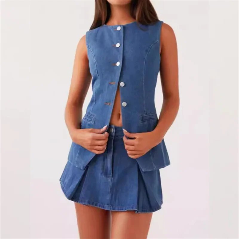 Vintage Women Sleeveless Single-breasted Cardigan Tops Denim Two Piece Sets Short Skirt Female Suits Summer Casual Streetwear 24