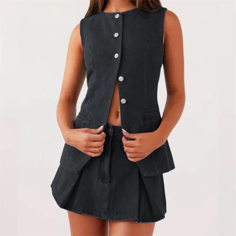 Vintage Women Sleeveless Single-breasted Cardigan Tops Denim Two Piece Sets Short Skirt Female Suits Summer Casual Streetwear 24 Vintage Women Sleeveless Single-breasted Cardigan Tops Denim Two Piece Sets Short Skirt Female Suits Summer Casual Streetwear 24