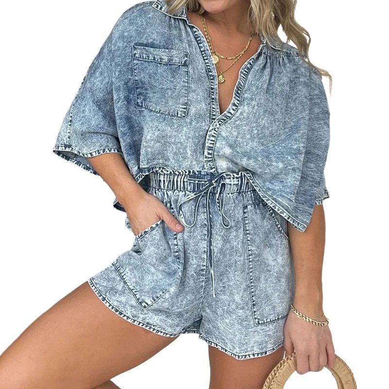 2 Piece Shorts Sets For Women Summer Loose Fit Short Sleeve Button Shirts Oversized Tops High Waist Shorts Denim Sets Outfits