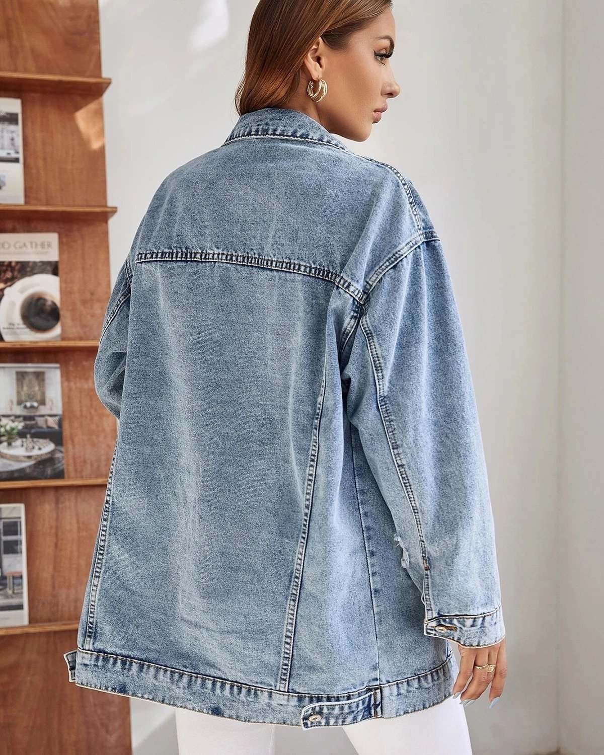 FTLZZ Spring Autumn Casual Women Denim Jacket Vintage Lady Lapel Button Ripped Denim Jacket