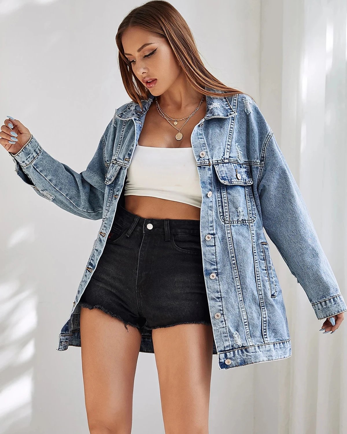 FTLZZ Spring Autumn Casual Women Denim Jacket Vintage Lady Lapel Button Ripped Denim Jacket