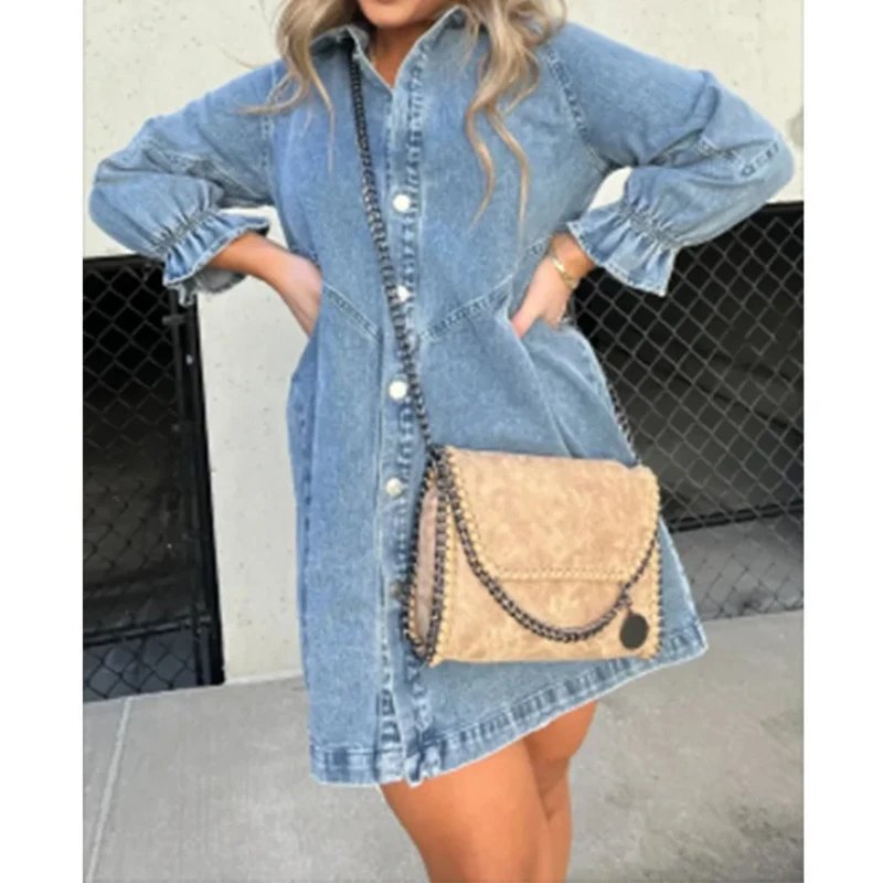 Shirt Dress Denim 2024 New Jeans Dresses Women Loose Casual Turn Down Collar Lantern Sleeve Single Breasted A Line Vestidos