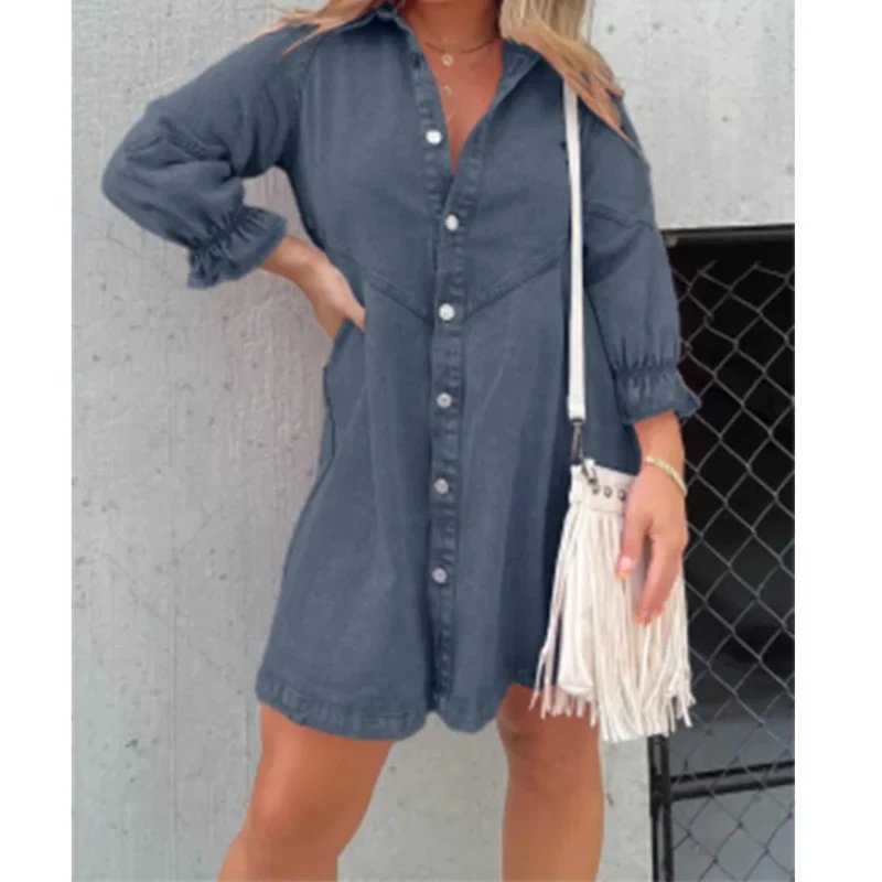 Shirt Dress Denim 2024 New Jeans Dresses Women Loose Casual Turn Down Collar Lantern Sleeve Single Breasted A Line Vestidos