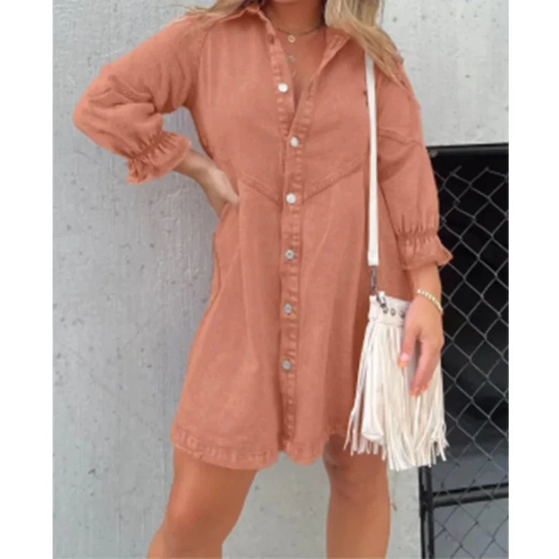 Shirt Dress Denim 2024 New Jeans Dresses Women Loose Casual Turn Down Collar Lantern Sleeve Single Breasted A Line Vestidos