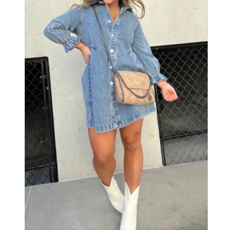Shirt Dress Denim 2024 New Jeans Dresses Women Loose Casual Turn Down Collar Lantern Sleeve Single Breasted A Line Vestidos