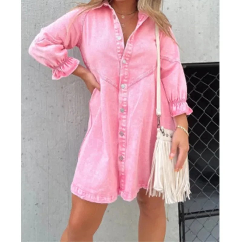 Shirt Dress Denim 2024 New Jeans Dresses Women Loose Casual Turn Down Collar Lantern Sleeve Single Breasted A Line Vestidos