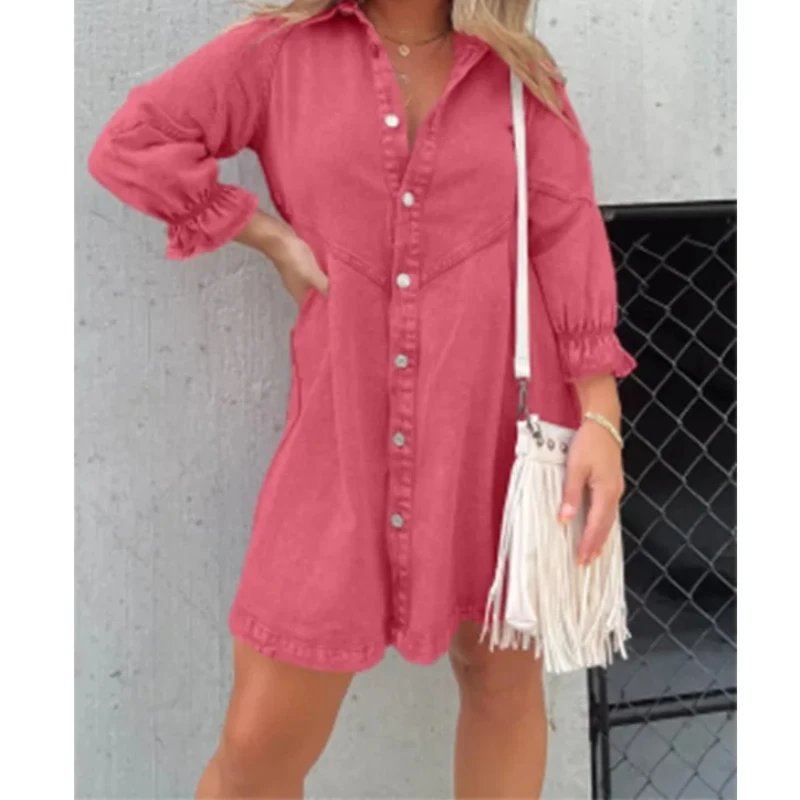 Shirt Dress Denim 2024 New Jeans Dresses Women Loose Casual Turn Down Collar Lantern Sleeve Single Breasted A Line Vestidos