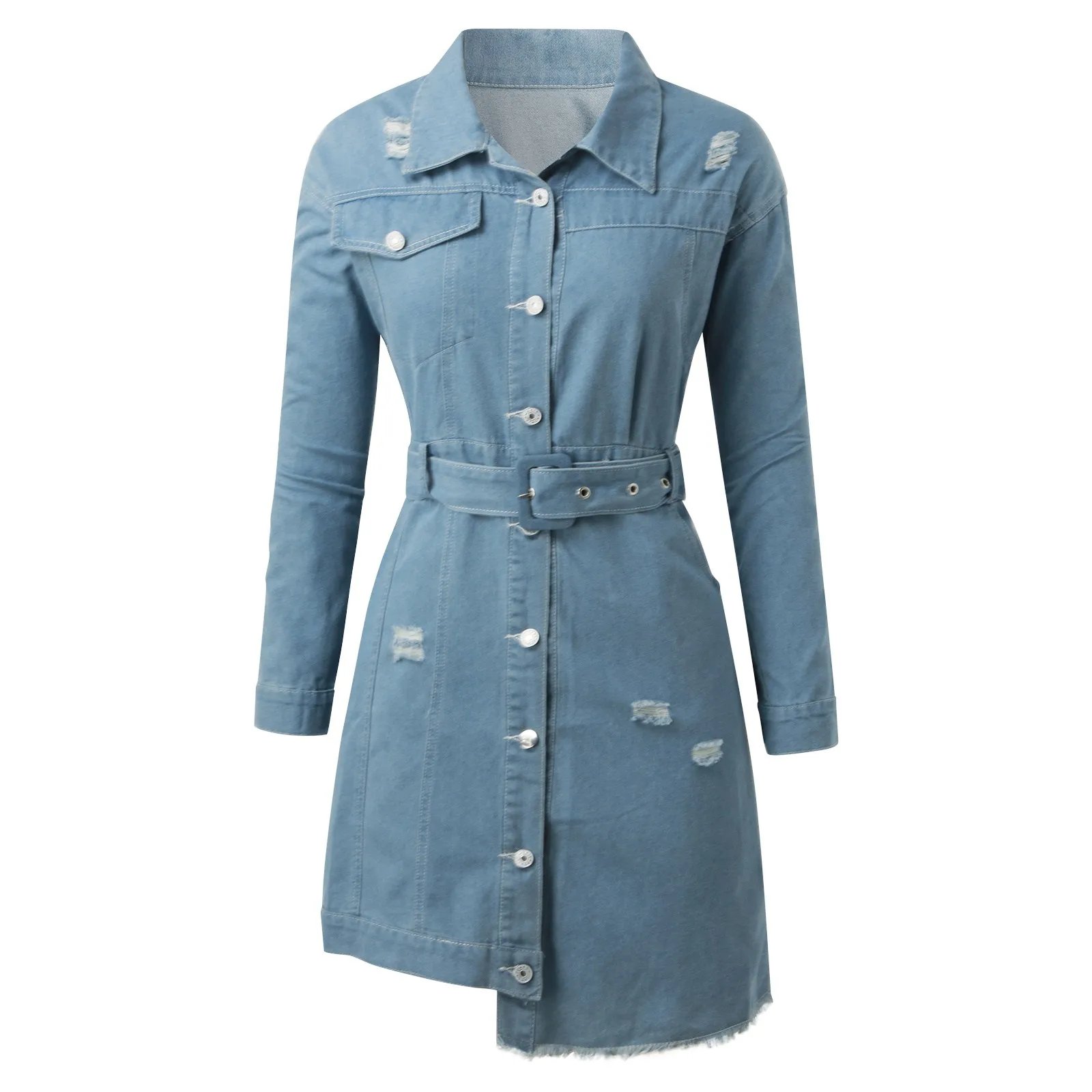 Solid Denim Dress For Womens Turtleneck Long Sleeve Casual Dresses Belt Pocket Button Slim Shirt Dress Women'S Dresses платье