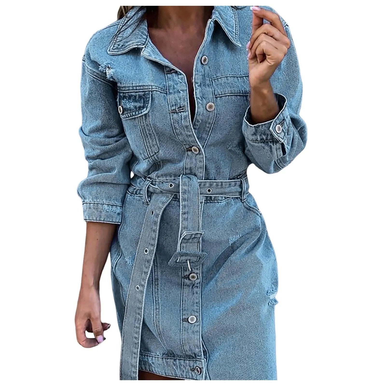 Solid Denim Dress For Womens Turtleneck Long Sleeve Casual Dresses Belt Pocket Button Slim Shirt Dress Women'S Dresses платье
