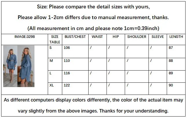 Women Fashion Casual Button Slimming Long Sleeve Denim Dress Loose Shirt Solid Color Summer Mini Dress