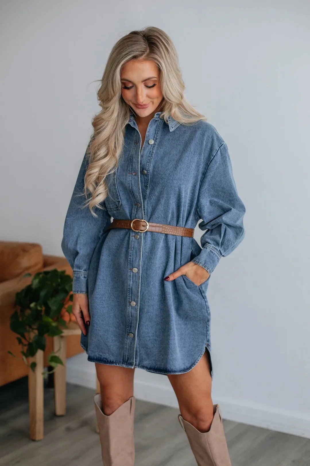 Women Fashion Casual Button Slimming Long Sleeve Denim Dress Loose Shirt Solid Color Summer Mini Dress