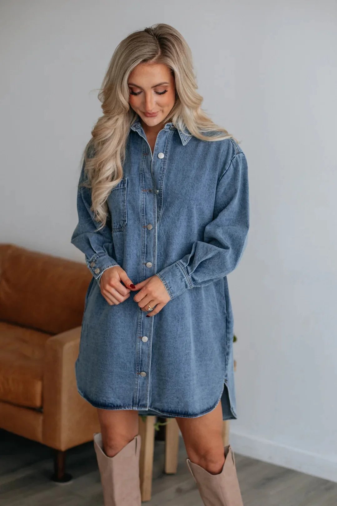 Women Fashion Casual Button Slimming Long Sleeve Denim Dress Loose Shirt Solid Color Summer Mini Dress