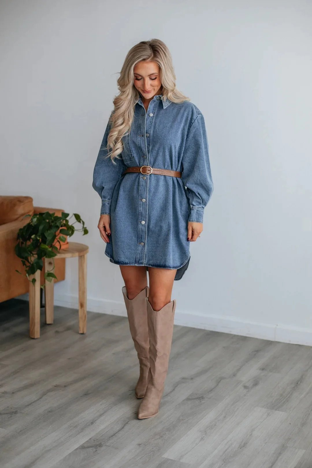 Women Fashion Casual Button Slimming Long Sleeve Denim Dress Loose Shirt Solid Color Summer Mini Dress