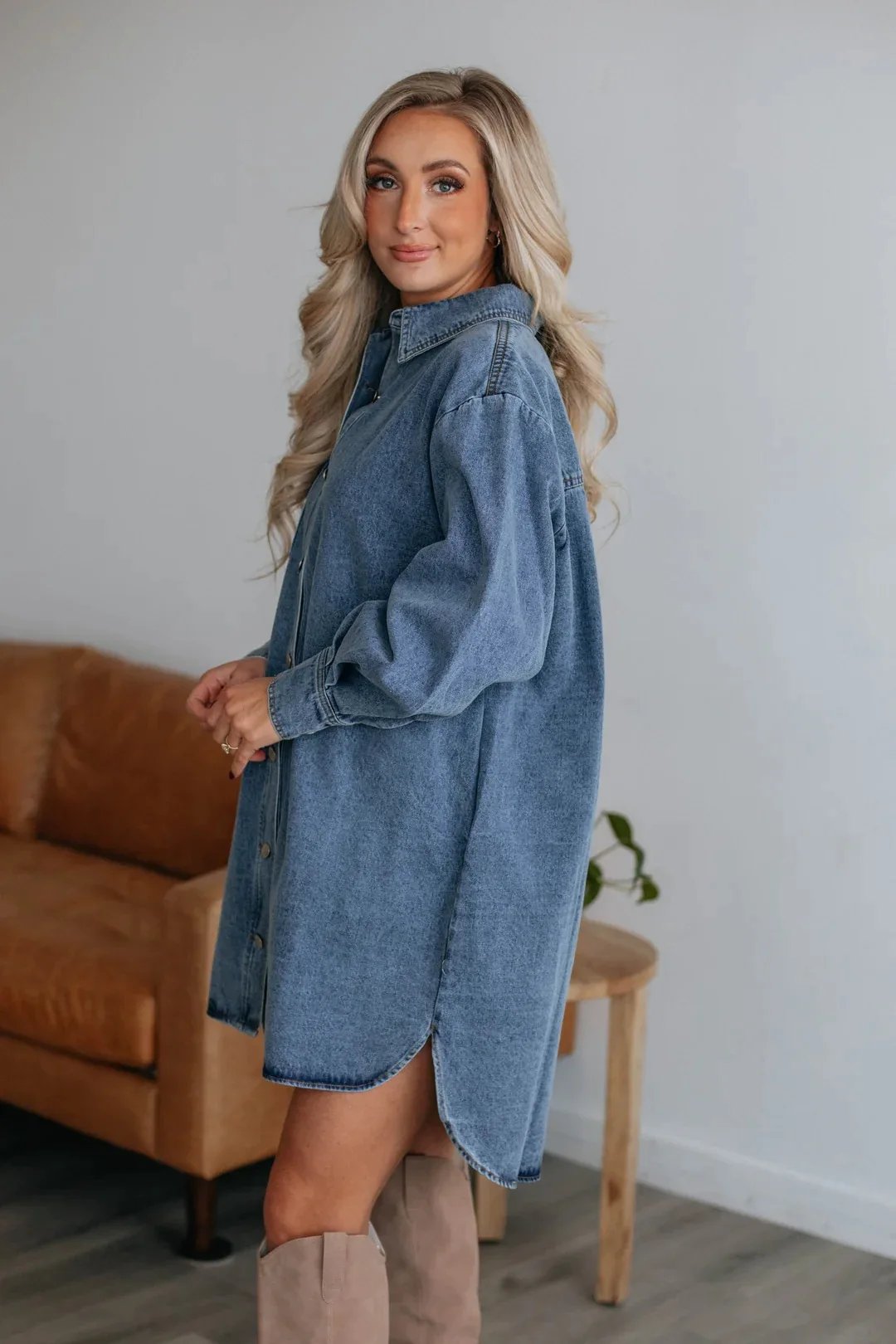 Women Fashion Casual Button Slimming Long Sleeve Denim Dress Loose Shirt Solid Color Summer Mini Dress