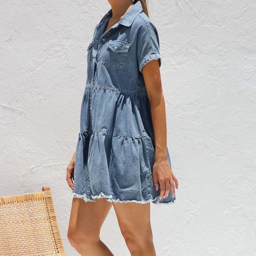 Denim Dress Women A Line Mini Dresses Jeans Shirt Single Breasted Short Sleeve Turn Down Collar Casual Loose Y2k Maxi Vestidos