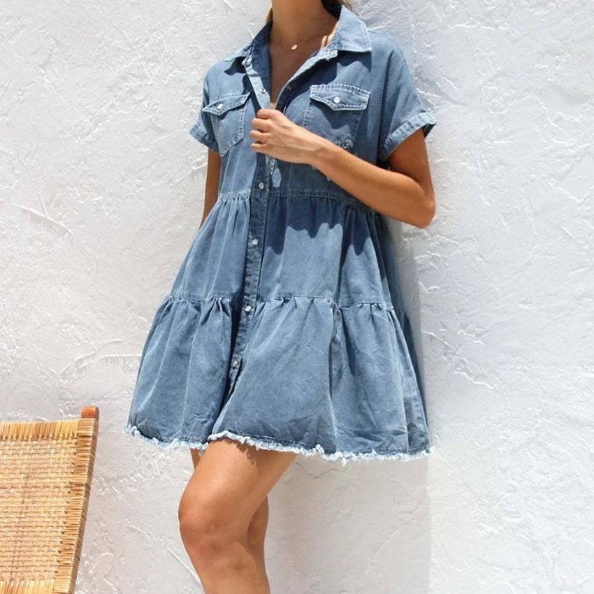 Denim Dress Women A Line Mini Dresses Jeans Shirt Single Breasted Short Sleeve Turn Down Collar Casual Loose Y2k Maxi Vestidos