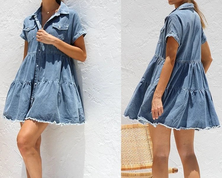 Denim Dress Women A Line Mini Dresses Jeans Shirt Single Breasted Short Sleeve Turn Down Collar Casual Loose Y2k Maxi Vestidos