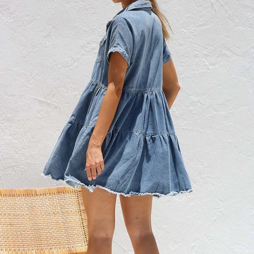 Denim Dress Women A Line Mini Dresses Jeans Shirt Single Breasted Short Sleeve Turn Down Collar Casual Loose Y2k Maxi Vestidos