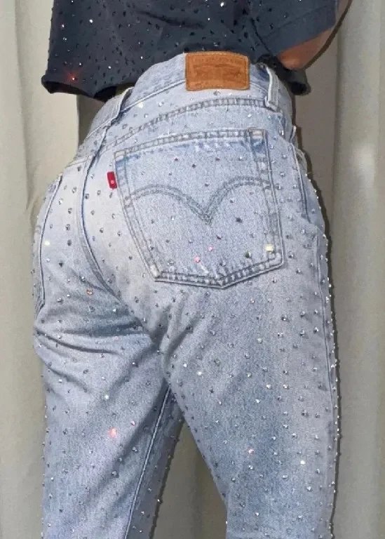 Fashion Sequined Rhinestone Y2K Jeans Women's American Street Hip Hop Harajuku Light Blue Jeans High Waist Slim Pants Streetwear