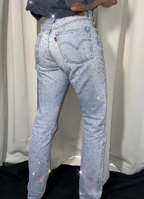 Fashion Sequined Rhinestone Y2K Jeans Women's American Street Hip Hop Harajuku Light Blue Jeans High Waist Slim Pants Streetwear