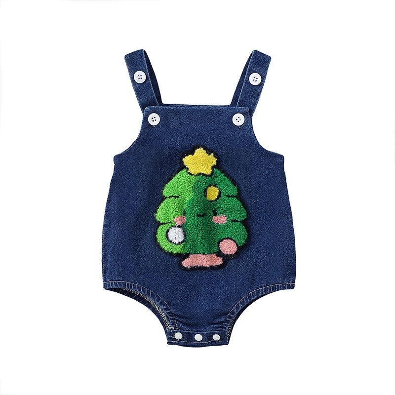 Baby Girls Boys Denim Romper Christmas Tree/Santa Embroidered Sleeveless Straps Bodysuits Overalls Christmas Clothes